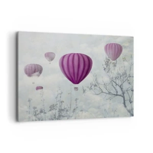 Quadro su tela - Stampe su Tela - Palloncini viola che fluttuano sopra gli alberi tra le nuvole - 120x80cm - Come navi nel cielo - Decorazione murale moderna per soggiorno e camera da letto ARTTOR