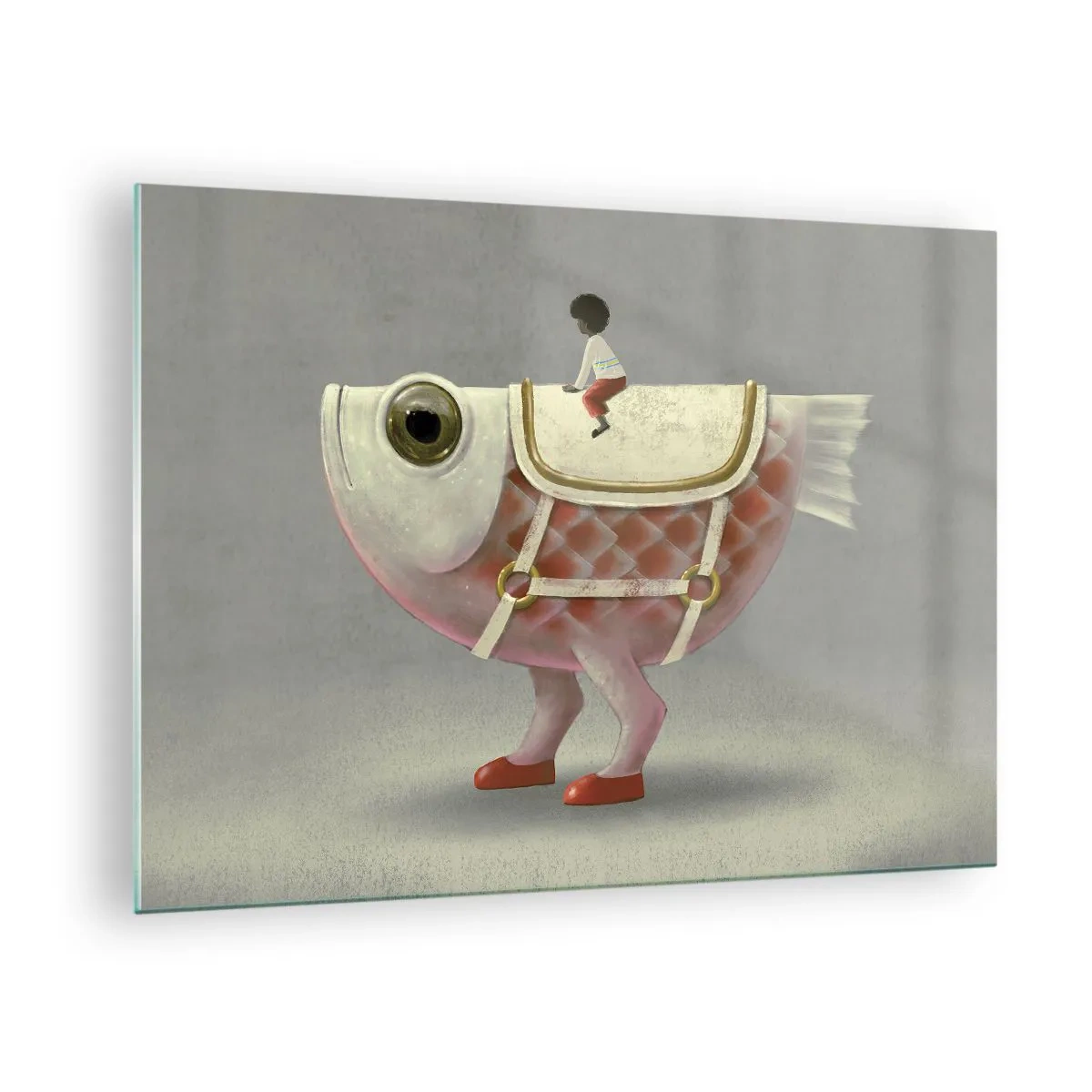 Quadro su vetro - Una figura che cavalca un pesce rosa con gambe e sella - 70x50cm - Il cavaliere del pesce - Decorazione murale moderna per soggiorno e camera da letto ARTTOR