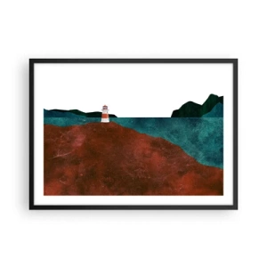 Poster in cornice nera - Un faro sullo sfondo delle montagne e del mare - 70x50cm - Contemplando il mare - Decorazione murale moderna per soggiorno e camera da letto ARTTOR