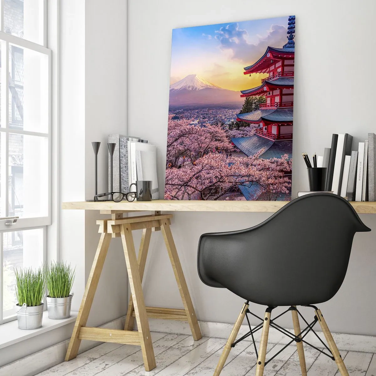 Quadro su vetro - Una pagoda in un paesaggio giapponese con vista sul Monte Fuji e sugli alberi in fiore - 50x70cm - L'essenza dell'anima giapponese - Decorazione murale moderna per soggiorno e camera da letto ARTTOR