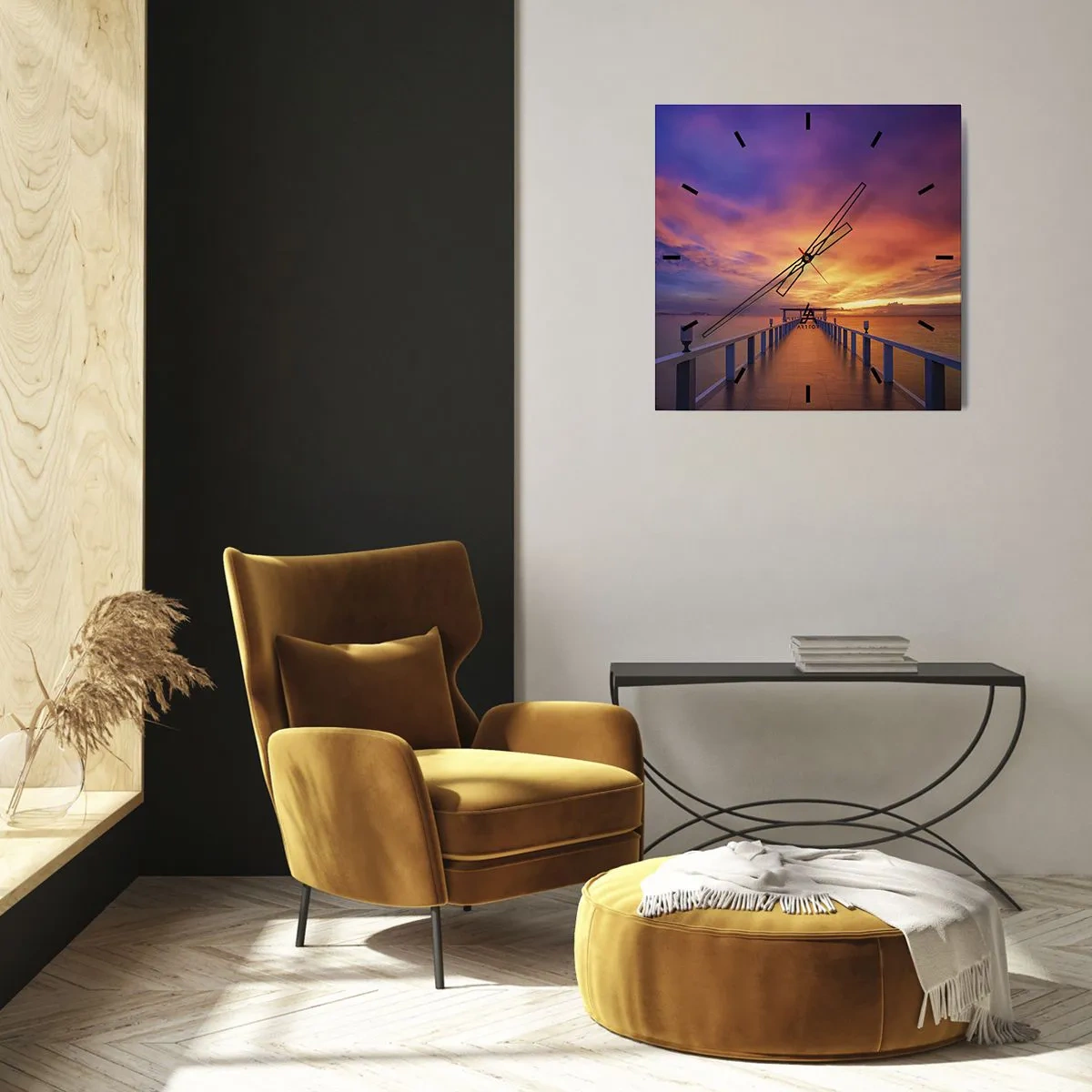Orologio da parete - Orologio in Vetro - Un molo che conduce al mare durante il tramonto - 30x30cm - Senza fine - Decorazione murale moderna per soggiorno e camera da letto ARTTOR