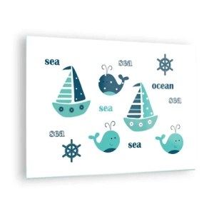 Quadro su vetro - Tema nautico con barche a vela e balene - 70x50cm - Attraverso i mari e gli oceani - Decorazione murale moderna per soggiorno e camera da letto ARTTOR