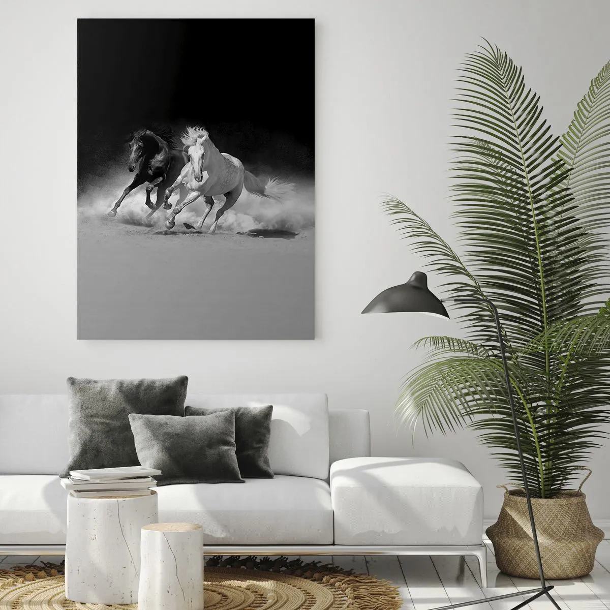 Quadro su vetro - Cavalli in corsa in bianco e nero - 80x120cm - Il galoppo della libertà - Decorazione murale moderna per soggiorno e camera da letto ARTTOR