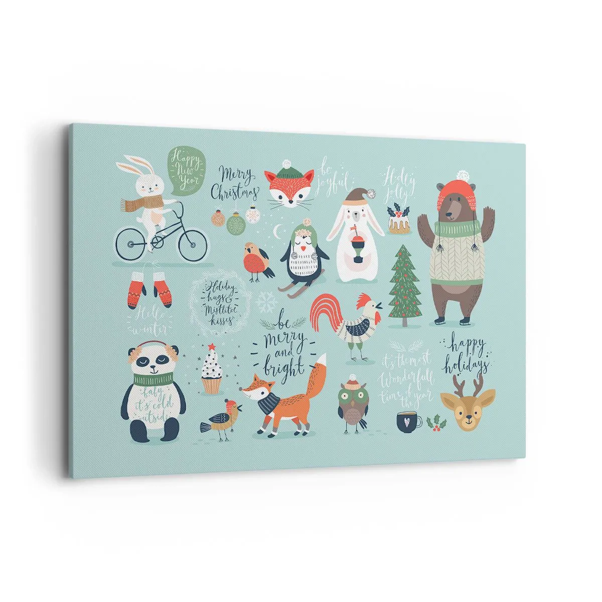 Quadro su tela - Stampe su Tela - Illustrazione natalizia di animali in un'atmosfera invernale - 120x80cm - Che sia sempre festa! - Decorazione murale moderna per soggiorno e camera da letto ARTTOR