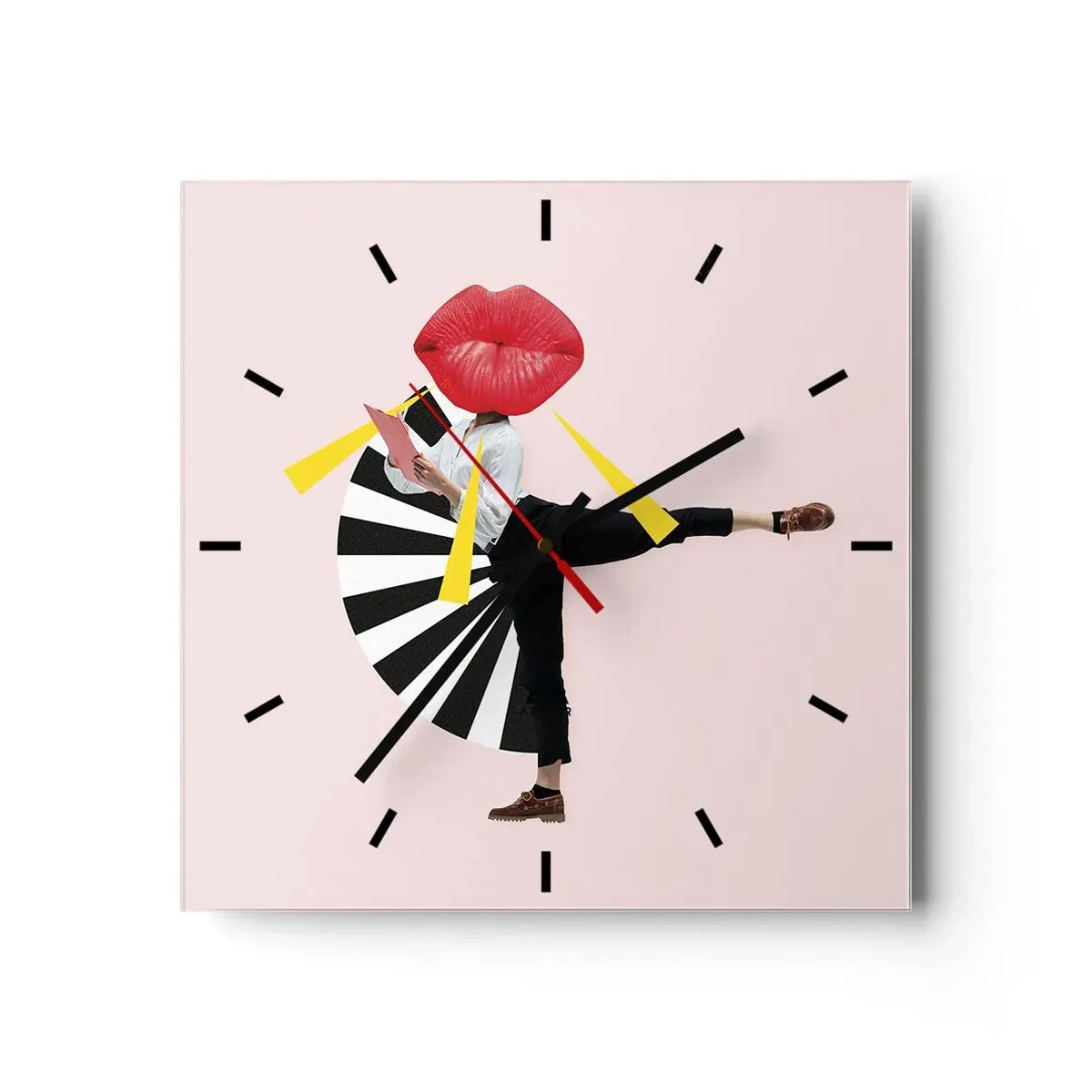 Orologio da parete - Orologio in Vetro - Figura surrealista con bocca ed elementi geometrici - 30x30cm - Pop-art surrealistica - Decorazione murale moderna per soggiorno e camera da letto ARTTOR