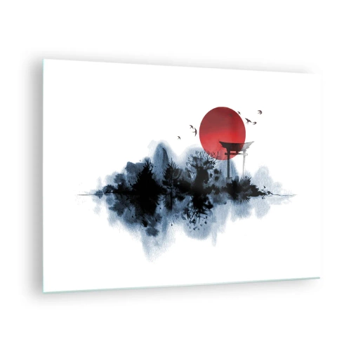 Quadro su vetro - Un paesaggio minimalista con un portale torii e un sole rosso. - 70x50cm - Vista giapponese - Decorazione murale moderna per soggiorno e camera da letto ARTTOR