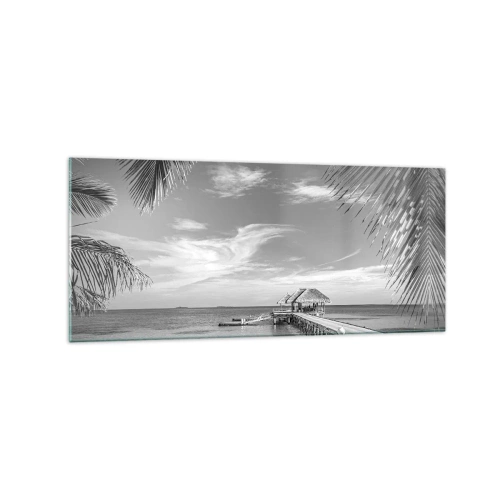 Quadro su vetro - Spiaggia bianca e nera con molo e palme su una costa tropicale - 120x50cm - Un ricordo o un sogno? - Decorazione murale moderna per soggiorno e camera da letto ARTTOR