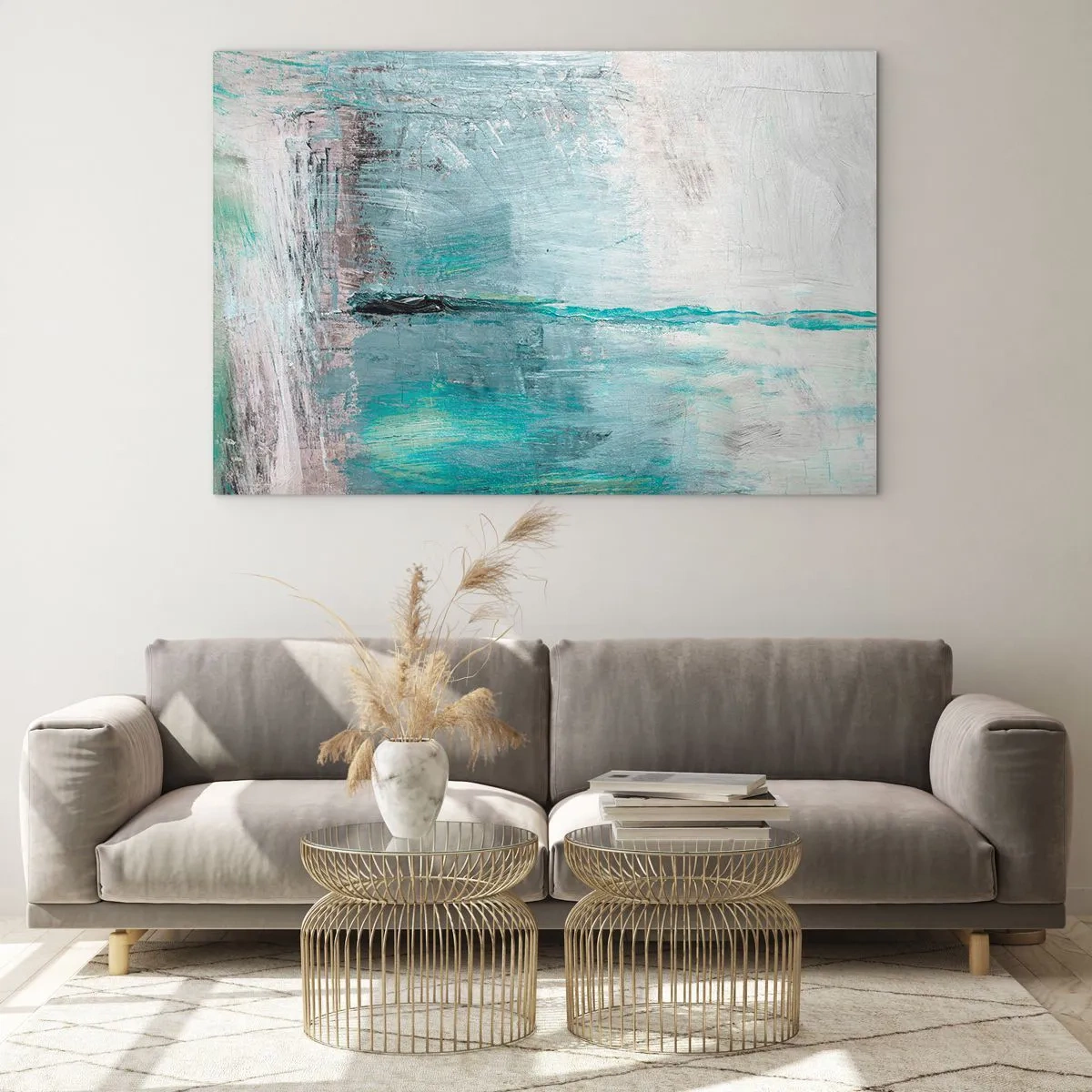 Quadro su vetro - Composizione astratta nei toni del blu e del grigio - 120x80cm - Orizzonte nel blu - Decorazione murale moderna per soggiorno e camera da letto ARTTOR