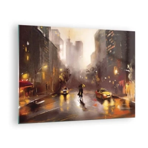 Quadro su vetro - Città di notte sotto la pioggia con taxi e la sagoma di una coppia - 70x50cm - Nelle luci di New York - Decorazione murale moderna per soggiorno e camera da letto ARTTOR