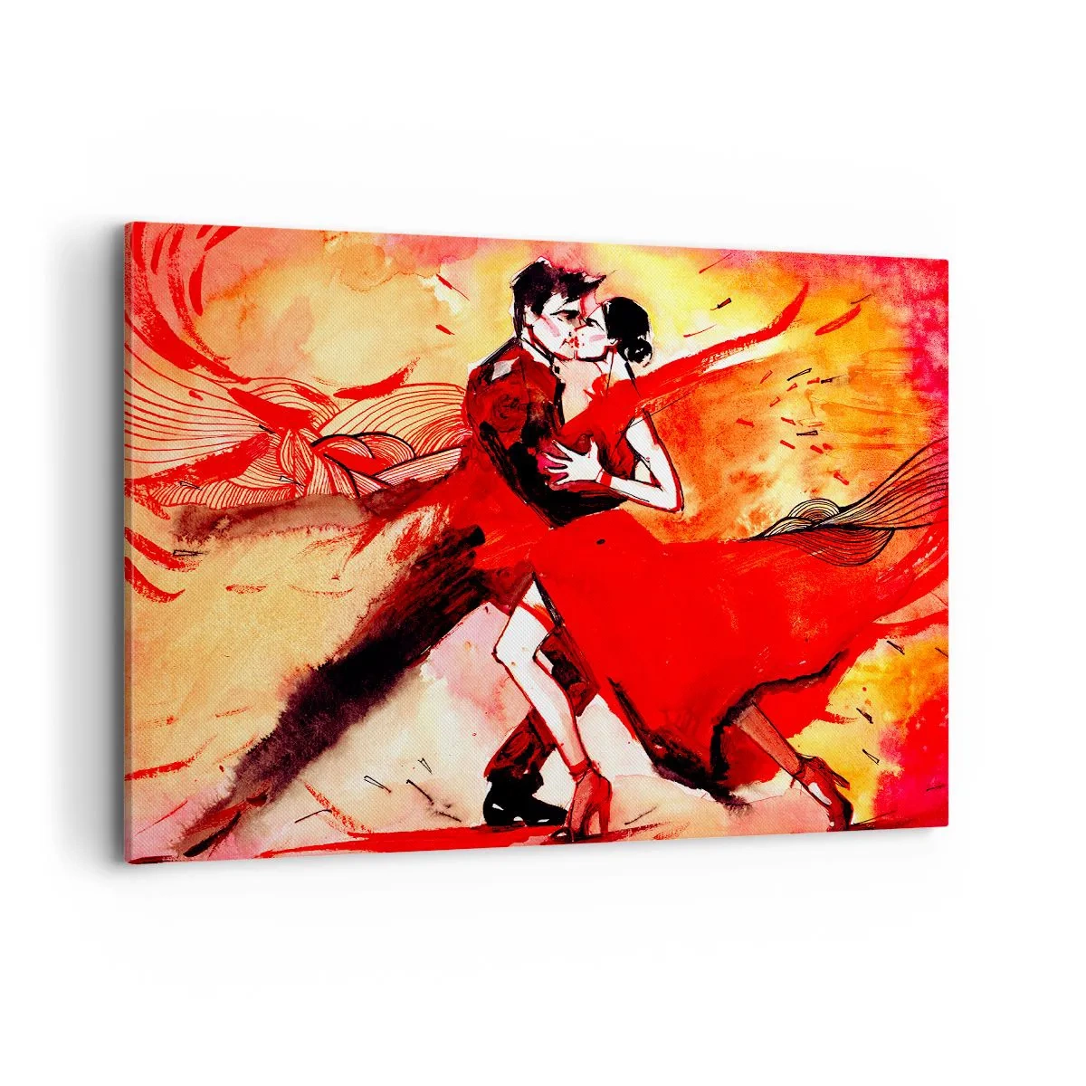Quadro su tela - Stampe su Tela - Una coppia che balla il tango nei toni del rosso su uno sfondo dinamico. - 120x80cm - Il ritmo porpora della passione - Decorazione murale moderna per soggiorno e camera da letto ARTTOR