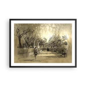 Poster in cornice nera - Una scena di cartone animato di un parco con persone che camminano in toni caldi. - 70x50cm - Attimo fermato con la penna - Decorazione murale moderna per soggiorno e camera da letto ARTTOR
