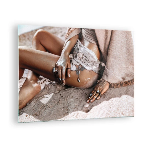 Quadro su vetro - Silhouette femminile su una spiaggia sabbiosa - 70x50cm - Gettata dalle onde? - Decorazione murale moderna per soggiorno e camera da letto ARTTOR