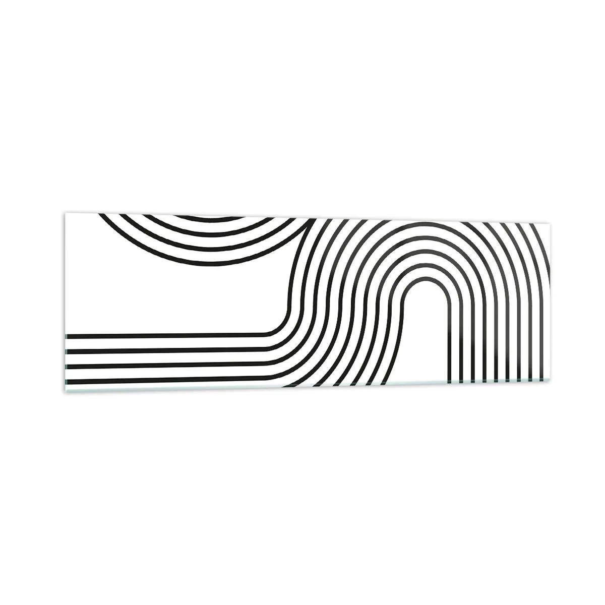 Quadro su vetro - Un dipinto astratto con linee nere che creano motivi geometrici su uno sfondo bianco. - 160x50cm - In curva - Decorazione murale moderna per soggiorno e camera da letto ARTTOR