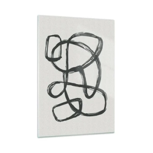 Quadro su vetro - Anelli e linee nere formano una composizione astratta su uno sfondo bianco. - 50x70cm - Astrazione aggrovigliata - Decorazione murale moderna per soggiorno e camera da letto ARTTOR
