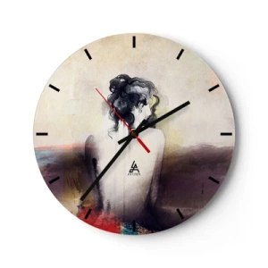 Orologio da parete - Orologio in Vetro - Un delicato ritratto di una donna di spalle su uno sfondo pastello. - 30x30cm - Linee miti, forme ovali - Decorazione murale moderna per soggiorno, cucina e camera da letto ARTTOR
