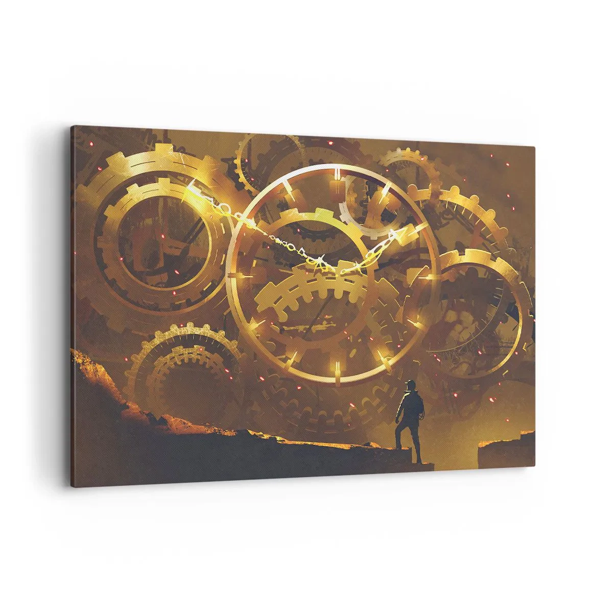 Quadro su tela - Stampe su Tela - Ingranaggi dorati in un ambiente surreale con una figura - 100x70cm - Alla fonte del tempo - Decorazione murale moderna per soggiorno e camera da letto ARTTOR
