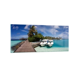 Quadro su vetro - Un molo su un mare turchese con barche e palme - 120x50cm - Il paradiso esiste davvero - Decorazione murale moderna per soggiorno e camera da letto ARTTOR