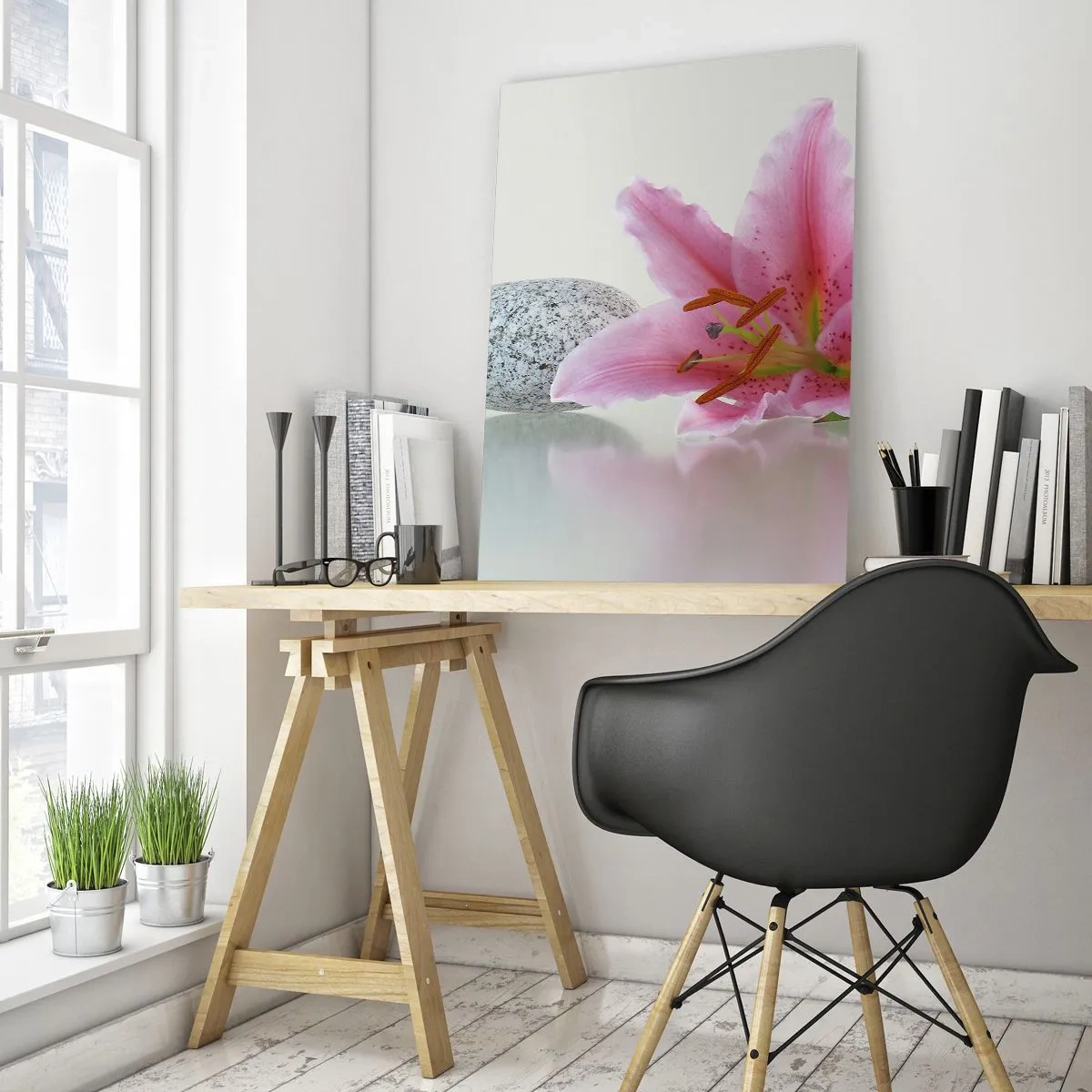Quadro su vetro - Fiore di giglio rosa con pietre su sfondo chiaro - 70x100cm - Studio in rosa, grigio e bianco - Decorazione murale moderna per soggiorno e camera da letto ARTTOR
