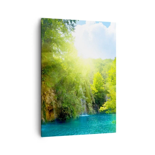 Quadro su tela - Stampe su Tela - Una cascata che sfocia in un lago turchese circondato dal verde - 50x70cm - Così deve essere il paradiso - Decorazione murale moderna per soggiorno e camera da letto ARTTOR