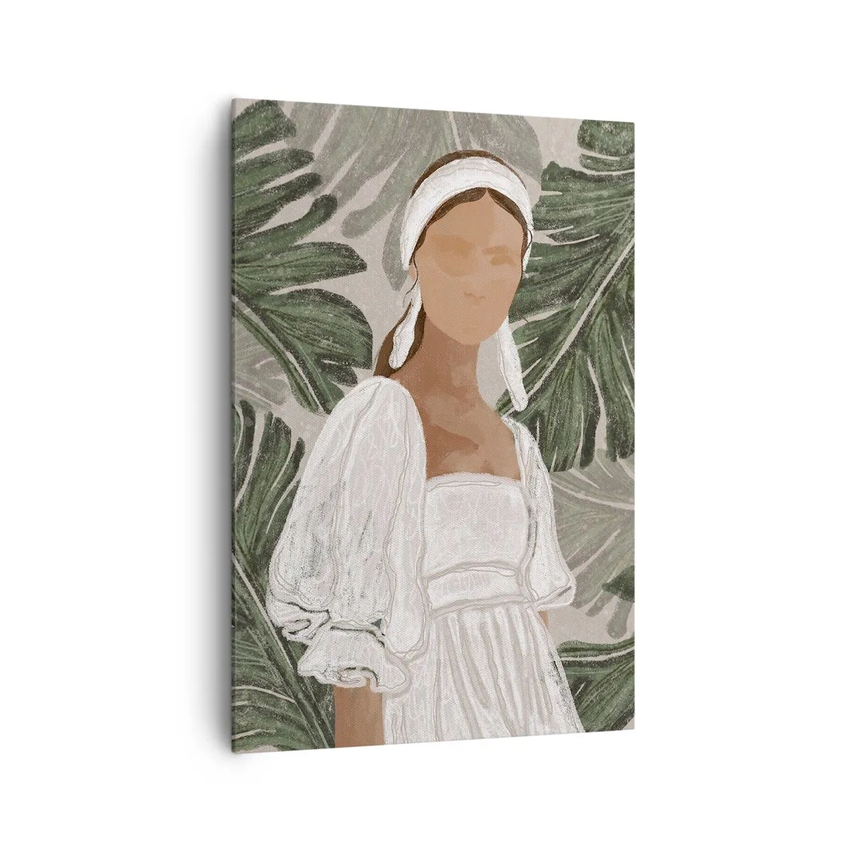 Quadro su tela - Stampe su Tela - Ritratto di una donna in abito bianco su uno sfondo di foglie di monstera - 70x100cm - Ritratto esotico - Decorazione murale moderna per soggiorno e camera da letto ARTTOR