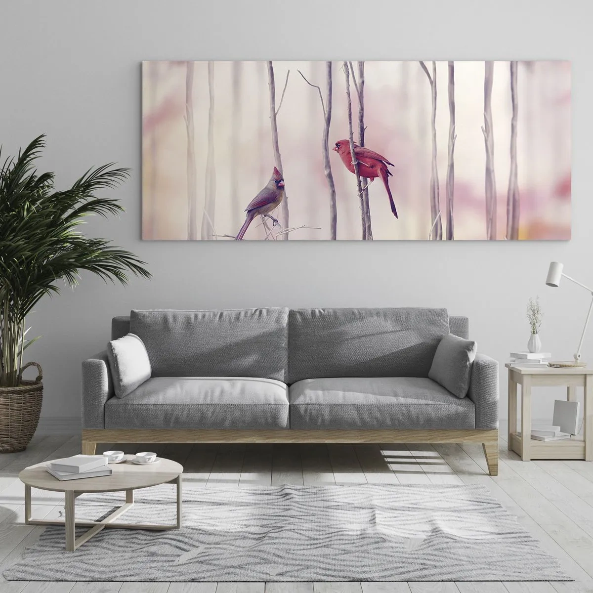 Quadro su vetro - Una coppia di cardinali appollaiati sui rami in un paesaggio pastello - 160x50cm - Il racconto del bosco rosa - Decorazione murale moderna per soggiorno e camera da letto ARTTOR
