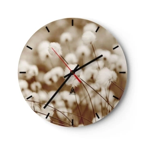 Orologio da parete - Orologio in Vetro - Piante bianche e soffici contro un prato color seppia nebbioso - 30x30cm - Campo di morbidezza - Decorazione murale moderna per soggiorno, cucina e camera da letto ARTTOR