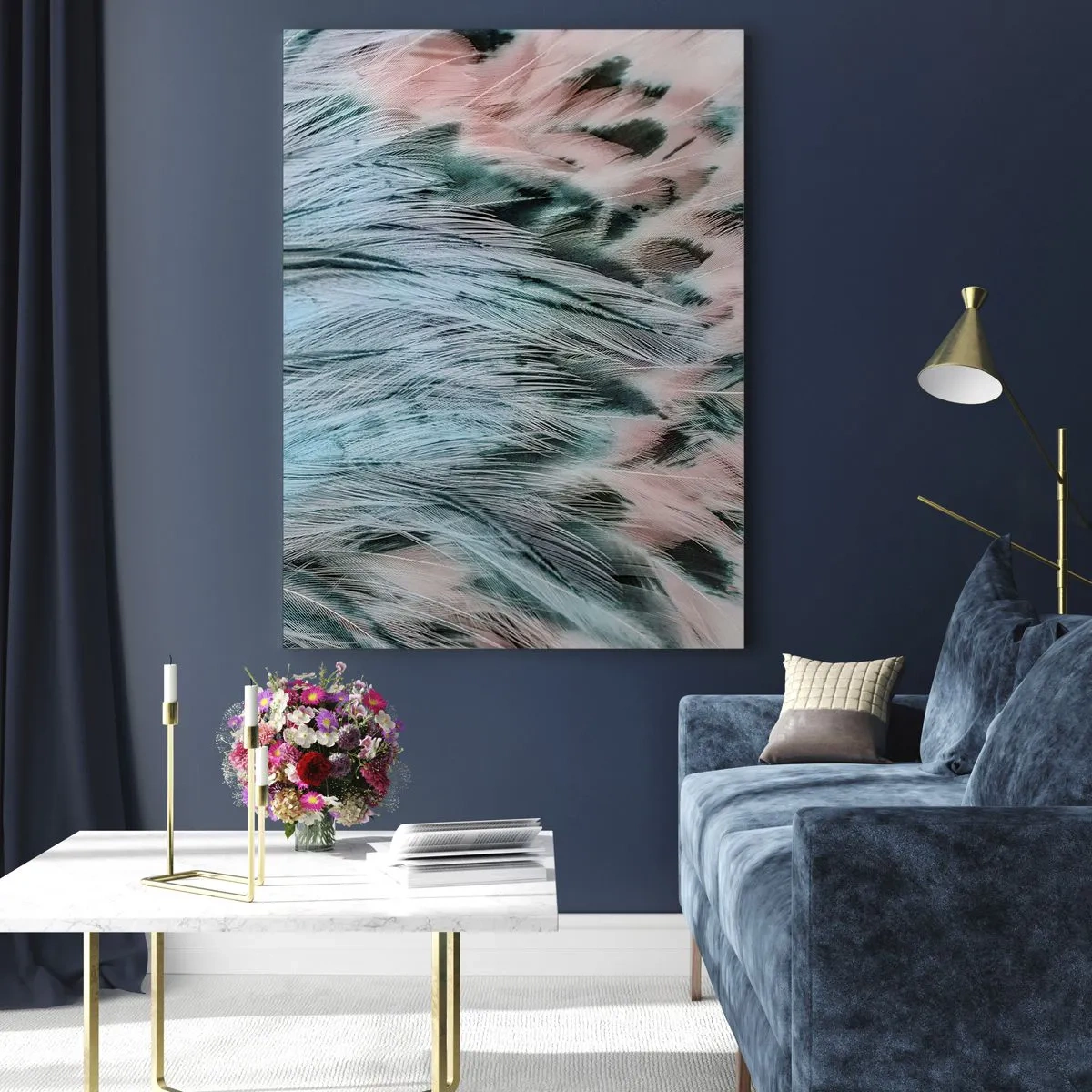 Quadro su vetro - Primo piano di piume nelle tonalità rosa zaffiro - 50x70cm - Piumino rosa zaffiro - Decorazione murale moderna per soggiorno e camera da letto ARTTOR