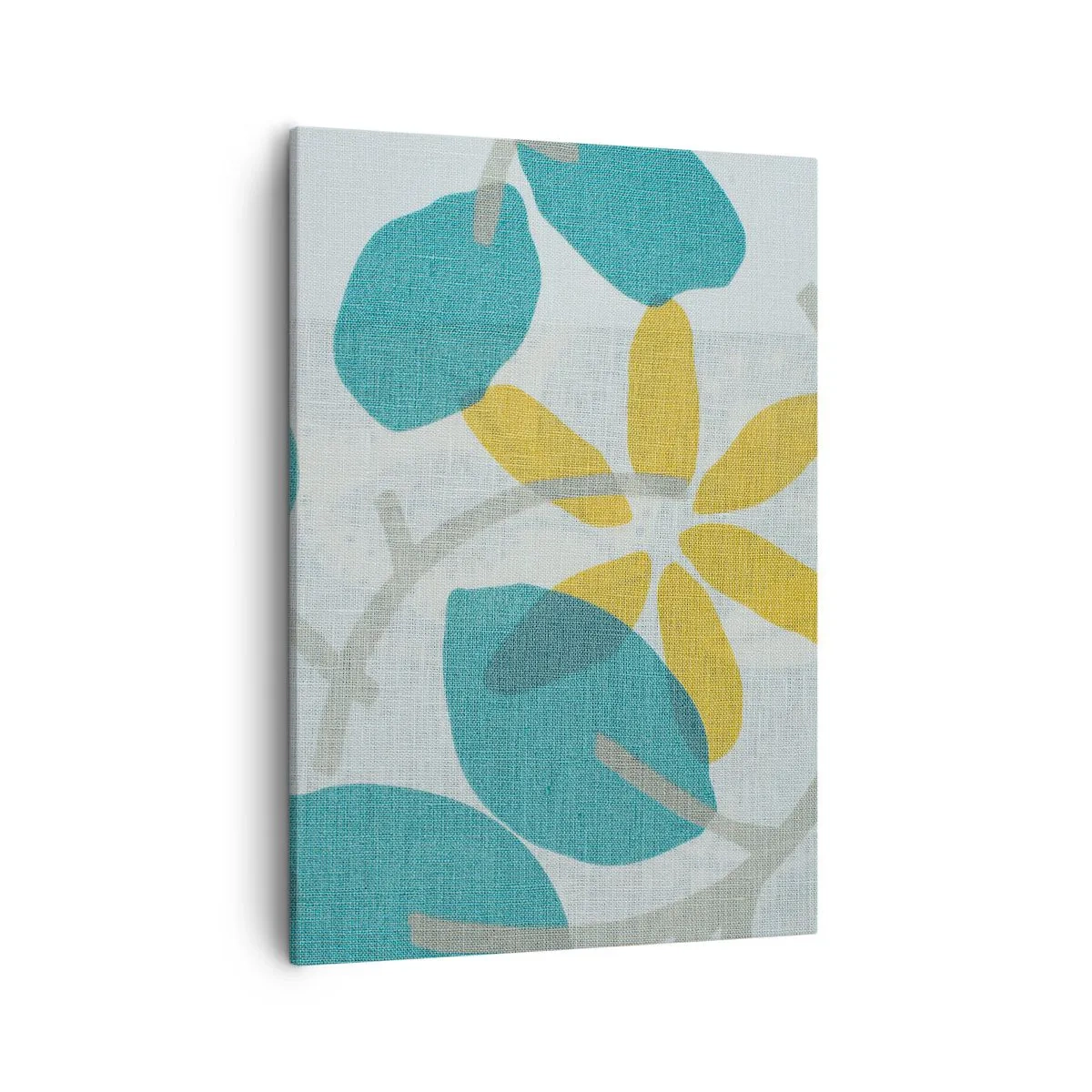 Quadro su tela - Stampe su Tela - Foglie nei toni del turchese e del giallo su uno sfondo chiaro - 50x70cm - Tra le foglie azzurre - Decorazione murale moderna per soggiorno e camera da letto ARTTOR
