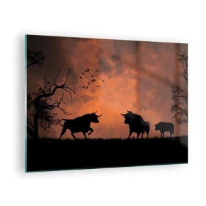 Quadro su vetro - Sagome di tori contro un cielo arancione al tramonto - 70x50cm - Drammatico spettacolo della natura - Decorazione murale moderna per soggiorno e camera da letto ARTTOR
