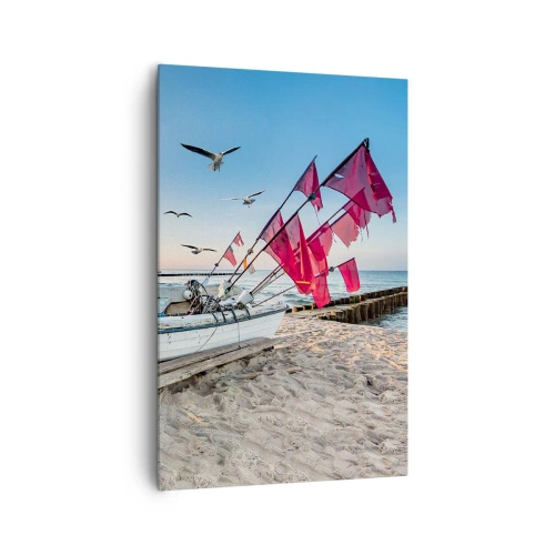 Quadro su tela - Stampe su Tela - Una barca sulla spiaggia all'alba con gabbiani e bandiere rosse - 80x120cm - Meritato riposo - Decorazione murale moderna per soggiorno e camera da letto ARTTOR