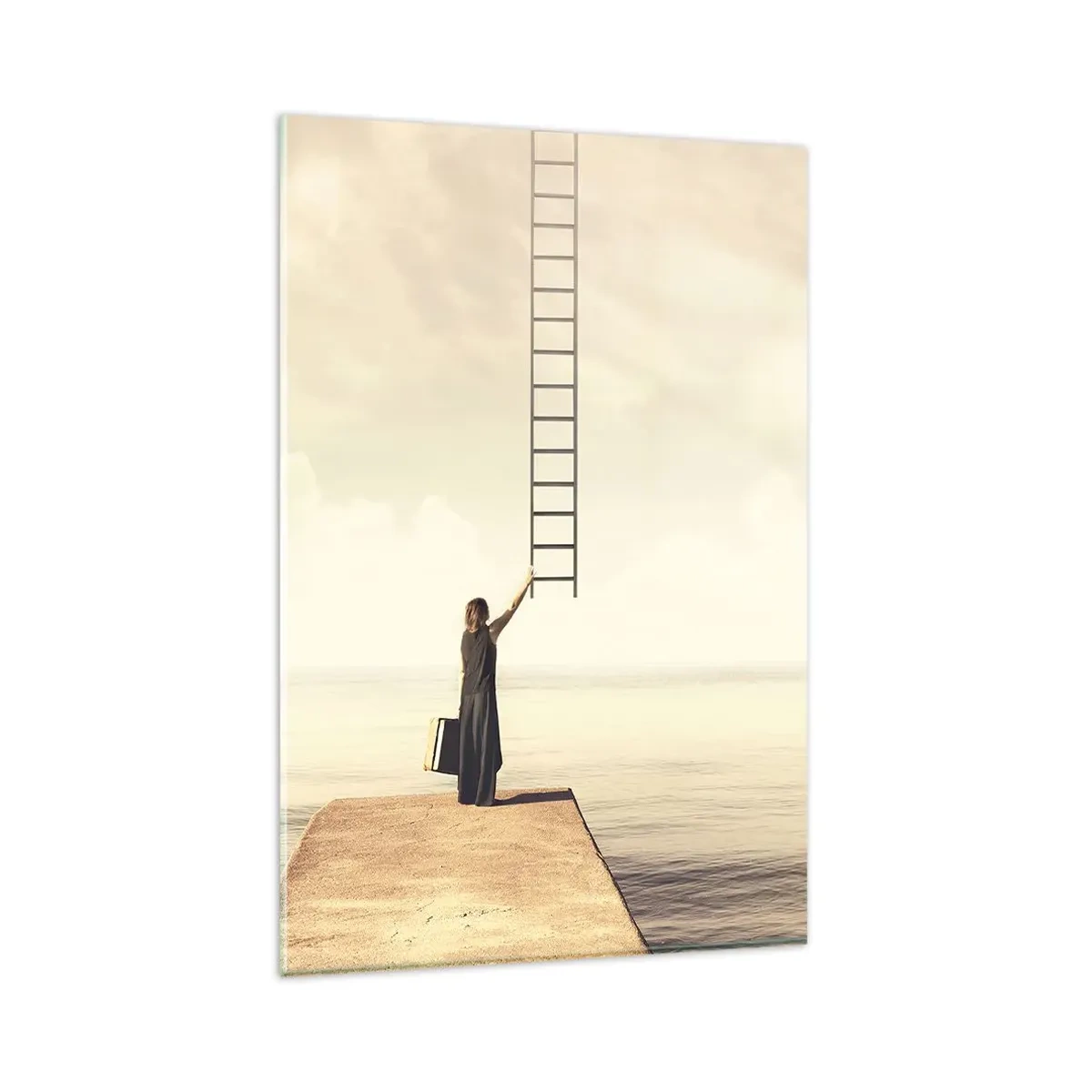 Quadro su vetro - Una donna in piedi su un molo con una scala che porta al cielo - 80x120cm - Viaggio magico - Decorazione murale moderna per soggiorno e camera da letto ARTTOR