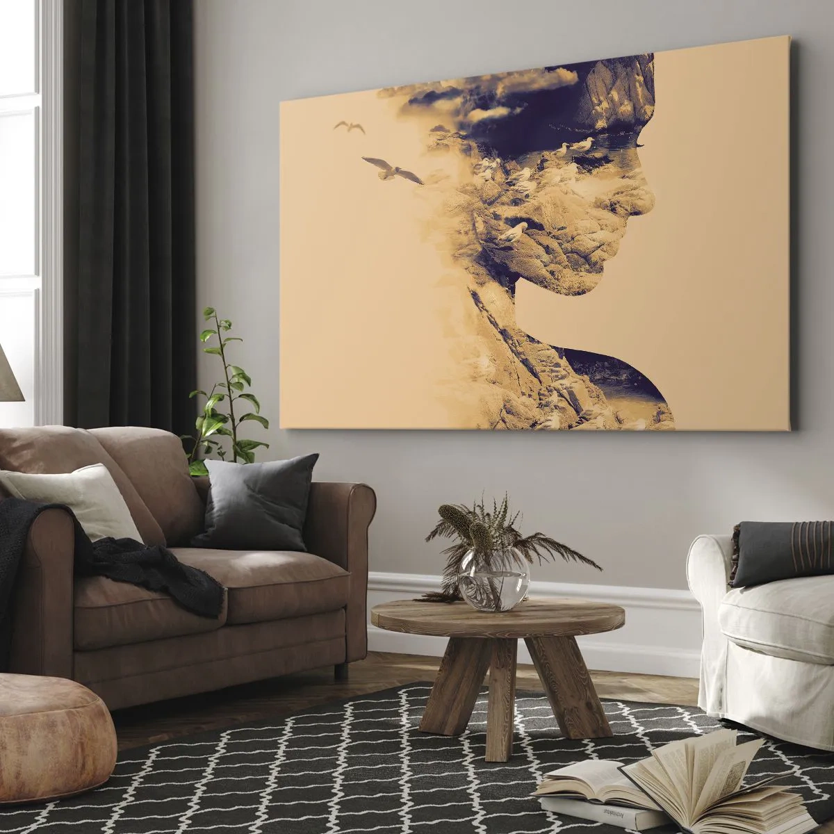 Quadro su tela - Stampe su Tela - Profilo di donna con la natura sullo sfondo dai toni caldi - 120x80cm - Bella di natura - Decorazione murale moderna per soggiorno e camera da letto ARTTOR