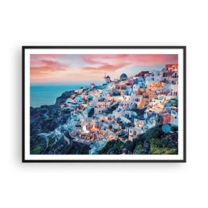 Poster in cornice nera - Santorini al tramonto con edifici bianchi sulla collina - 100x70cm - La tua grossa vacanza greca - Decorazione murale moderna per soggiorno e camera da letto ARTTOR