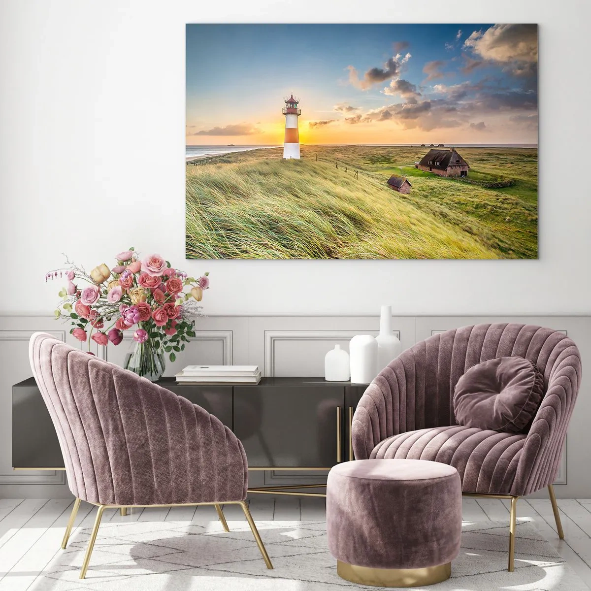 Quadro su vetro - Un faro al tramonto su un mare in tempesta - 70x50cm - Tra le onde - Decorazione murale moderna per soggiorno e camera da letto ARTTOR