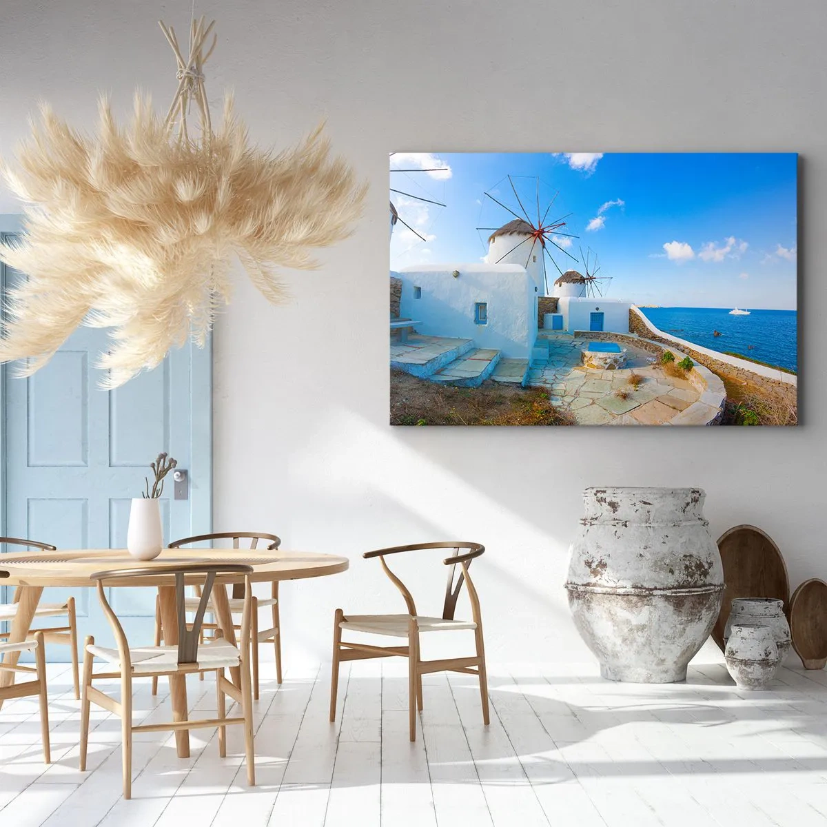 Quadro su tela - Stampe su Tela - Mulini a vento bianchi sulle rive del mare blu - 70x50cm - Vento azzurro sul mare - Decorazione murale moderna per soggiorno e camera da letto ARTTOR