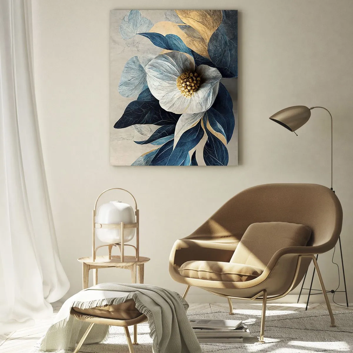 Quadro su vetro - Un fiore con foglie blu su uno sfondo elegante - 80x120cm - Ha un cuore d'oro - Decorazione murale moderna per soggiorno e camera da letto ARTTOR
