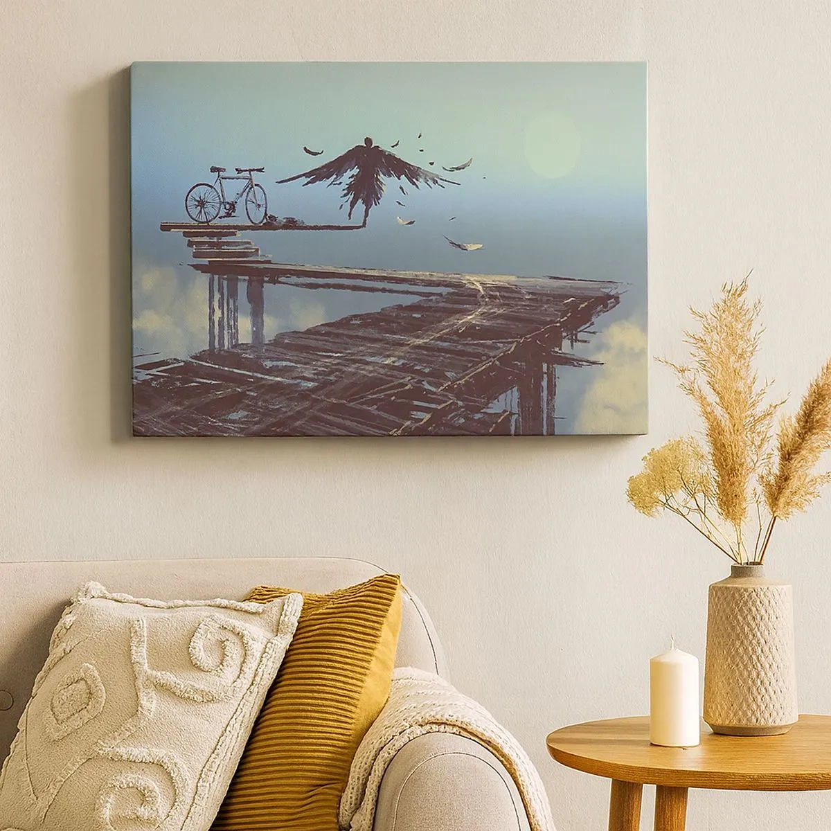 Quadro su tela - Stampe su Tela - Una figura con le piume volteggia su un ponte di legno accanto a una bicicletta. - 70x50cm - Icaro è sempre vivo - Decorazione murale moderna per soggiorno e camera da letto ARTTOR