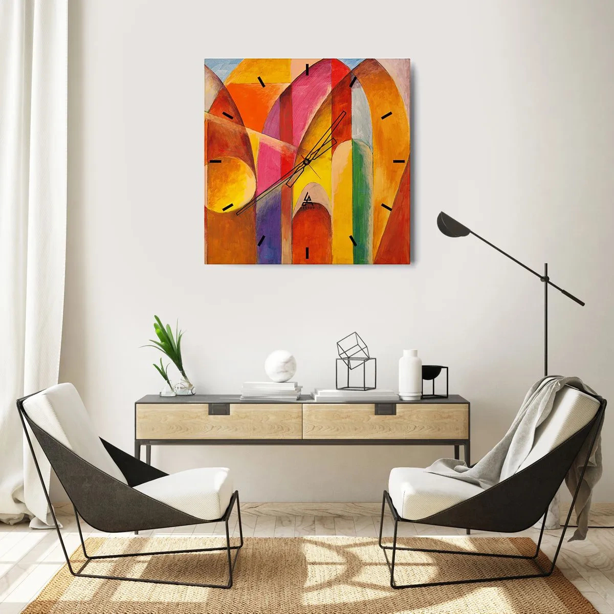 Orologio da parete - Orologio in Vetro - Una composizione astratta ricca di forme geometriche colorate. - 30x30cm - La cattedrale del sole - Decorazione murale moderna per soggiorno e camera da letto ARTTOR