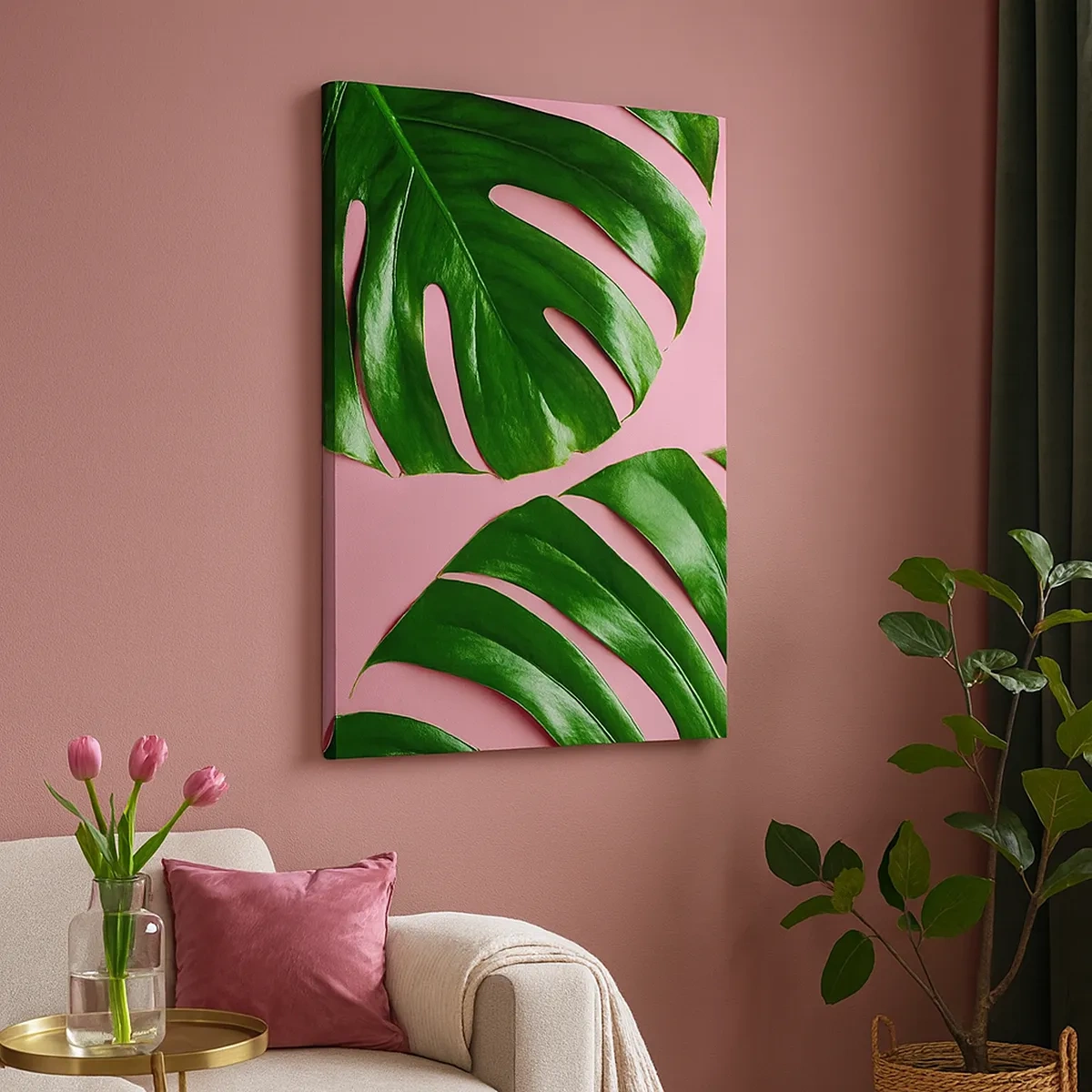 Quadro su tela - Stampe su Tela - Foglie di monstera verdi su sfondo rosa - 50x70cm - Appuntamento in verde - Decorazione murale moderna per soggiorno e camera da letto ARTTOR