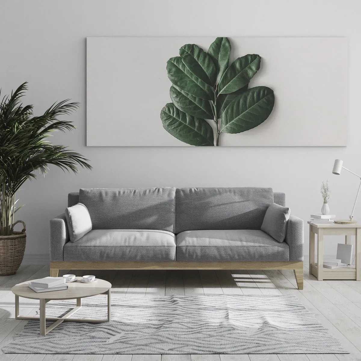 Quadro su vetro - Un rametto di foglie verdi su uno sfondo chiaro - 160x50cm - Il disegno della natura stessa - Decorazione murale moderna per soggiorno e camera da letto ARTTOR