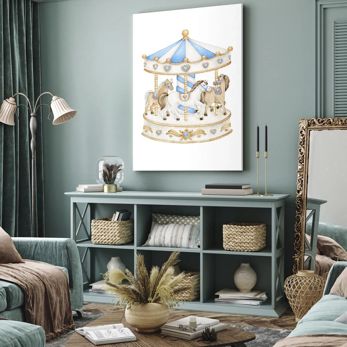 Quadro su tela - Stampe su Tela - Una giostra dai colori pastello su sfondo bianco - 50x70cm - Dolce infanzia - Decorazione murale moderna per soggiorno e camera da letto ARTTOR