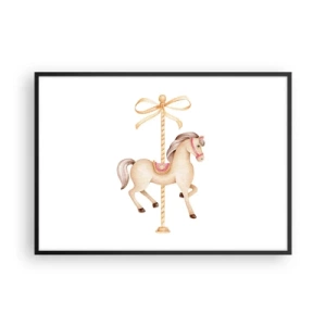 Poster in cornice nera - Un cavallo da giostra con un fiocco in delicati colori pastello - 100x70cm - Trotto aggraziato - Decorazione murale moderna per soggiorno e camera da letto ARTTOR