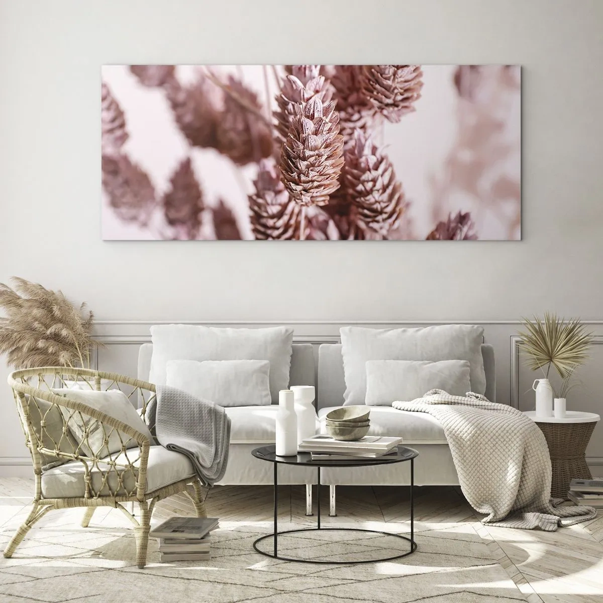 Quadro su vetro - Un primo piano delle delicate spighe rosa delle erbe ornamentali - 140x50cm - A prima vista poco appariscenti - Decorazione murale moderna per soggiorno e camera da letto ARTTOR