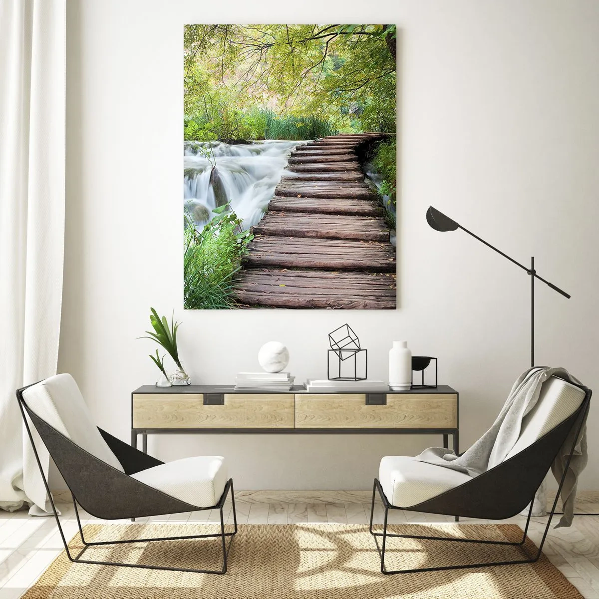 Quadro su vetro - Un ponte nella foresta sopra un ruscello - 50x70cm - Acqua per niente tranquilla - Decorazione murale moderna per soggiorno e camera da letto ARTTOR