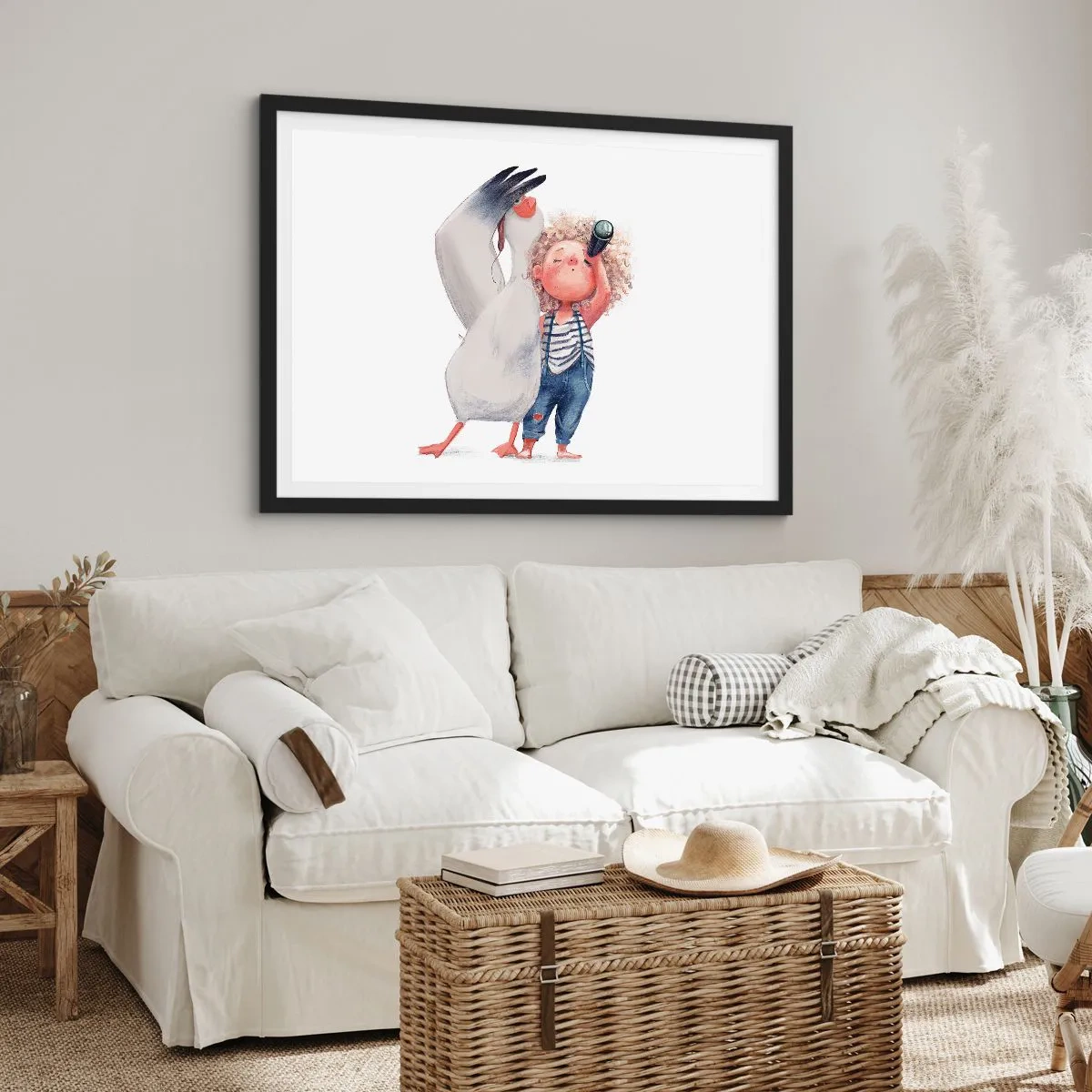 Poster in cornice nera - Illustrazione di un bambino con un pellicano e un telescopio in mano - 70x50cm - Il progetto di un grande viaggio - Decorazione murale moderna per soggiorno e camera da letto ARTTOR