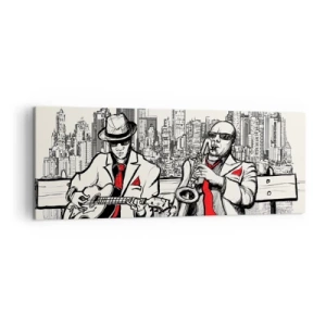Quadro su tela - Stampe su Tela - Un duo jazz con sassofono e chitarra sullo sfondo della città - 140x50cm - Improvvisare a New York - Decorazione murale moderna per soggiorno e camera da letto ARTTOR