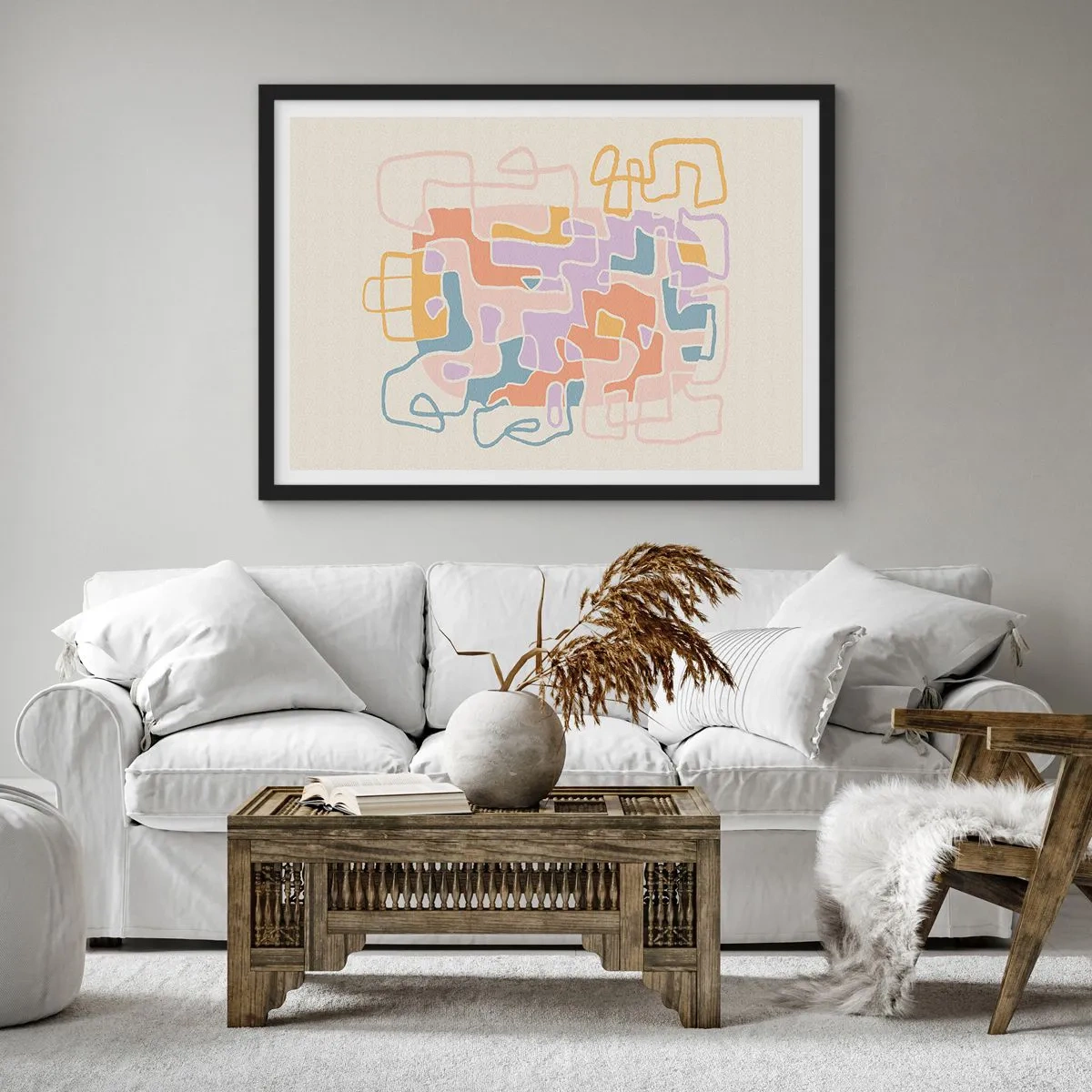 Poster in cornice nera - Linee astratte pastello che creano motivi geometrici - 70x50cm - Labirinto: avventura gioiosa - Decorazione murale moderna per soggiorno e camera da letto ARTTOR