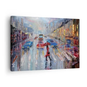 Quadro su tela - Stampe su Tela - Una donna con un ombrello in una strada piovosa, illuminata dalle luci al neon. - 70x50cm - Pomeriggio di pioggia in città - Decorazione murale moderna per soggiorno e camera da letto ARTTOR
