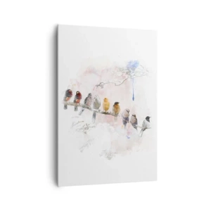 Quadro su tela - Stampe su Tela - Uccelli colorati su un ramo in stile acquerello - 70x100cm - Incontro alato - Decorazione murale moderna per soggiorno e camera da letto ARTTOR