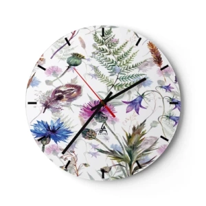 Orologio da parete - Orologio in Vetro - Un motivo delicato con fiori di campo e foglie su uno sfondo bianco - 30x30cm - Erbario polacco - Decorazione murale moderna per soggiorno, cucina e camera da letto ARTTOR